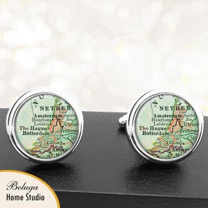 Carte Boutons de manchette Amsterdam La Haye Pays-Bas Boutons de manchette pour les garçons d’honneur Groom Fiance Anniversaire Fête de mariage Pères Papas Hommes Europe Villes