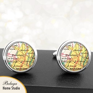 Kaart van manchetknopen Bloomfield, NJ handgemaakte Cuff Links VS stadstaat kaarten New Jersey Groomsmen bruiloft partij vaders vaders mannen