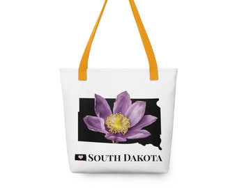 South Dakota State Small Tote Bag With State Flower, Purple Pasque, SD Map Gifts, Art Totes, Laptop Bags, Bridesmaid Bachelorette Gifts