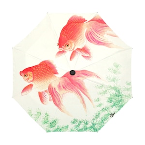 May include: An open umbrella featuring a watercolor design of two orange goldfish swimming. The fish have flowing fins and are set against a cream-colored background with green aquatic plants. The umbrella has a black handle.
