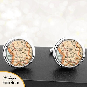 Kaart Manchetknopen Santiago Mexico handgemaakte Cuff Links Mexicaanse stad kaarten Groomsmen bruiloften vaders vaders