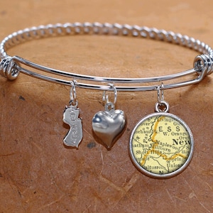 Bois d’érable New Jersey carte Charm Bracelet état de NJ Bracelet carte Vintage bijoux en acier inoxydable Bracelet manchette