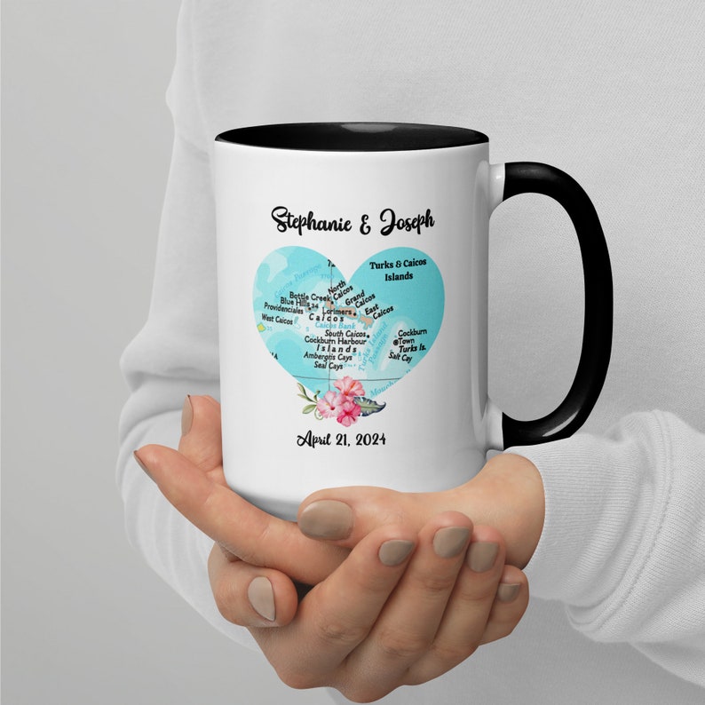 Personalized Map Heart Mug with Color Inside, Tropical Island, Turks and Caicos, Honeymoon Destination, Unique Wedding Gift, Anniversary