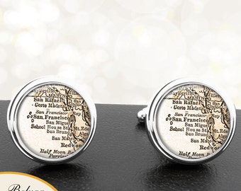 Vintage Map Cufflinks San Fransisco California Cuff Links for Groomsmen Wedding Party Fathers Dads Men