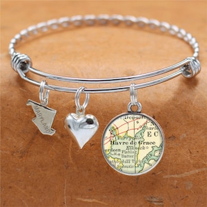 Maryland Map Bracelet / Havre de Grace MD / Charm Bracelet / Vintage Map Jewelry / Bridesmaid Birthday Graduation Gifts For Her