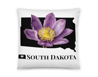 South Dakota Map Pillow, State Flower, Pasque, SD Throw Pillow, Sofa Accent, Housewarming, Travel, Vacations, Real Estate Client Gifts
