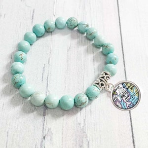 Jersey City NJ / New Jersey Bracelet / Beaded Bracelet With Map Charm / Turquoise or Tiger Eye Natural Stones / Your City State Map Jewelry