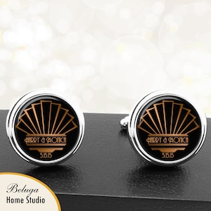 Art Deco Personalized Wedding Cufflinks Names Date Handmade Cuff Links for Grooms Fiance Wedding Men Anniversaries