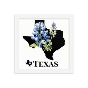 Texas Art Print, State Flower, Bluebonnets, Framed Print, TX Map Gifts, Map Print, Home Decor, Wall Art, Wedding Gifts, Real Estate Gifts