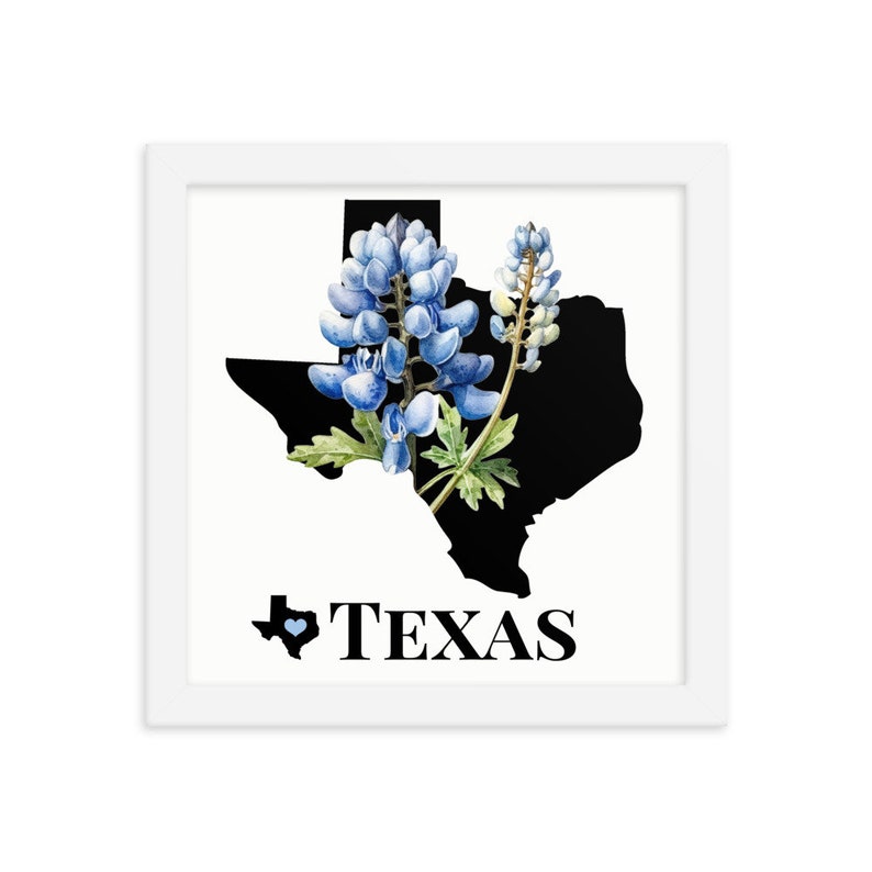 Texas Art Print, State Flower, Bluebonnets, Framed Print, TX Map Gifts, Map Print, Home Decor, Wall Art, Wedding Gifts, Real Estate Gifts