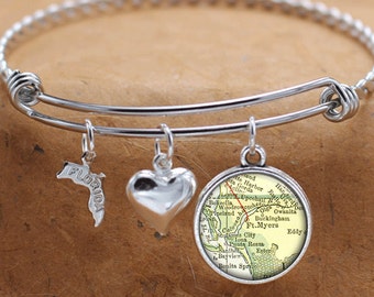 Ft Myers Florida Map FL State Charm Bangle Bracelet Personalized Custom Vintage Map Jewelry Stainless Steel Bracelet