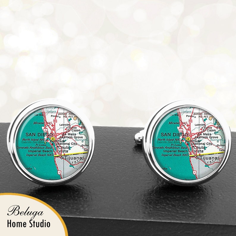 Maps Destination Cufflinks San Diego California Tijuana Mexico Groomsmen Wedding Party Fathers Dads Men