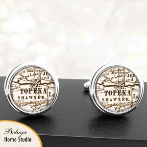 Manchetknopen Kansas kaart Topeka KS handgemaakte Cuff Links stadstaat kaarten Kansas Groomsmen bruiloft partij vaders vaders mannen