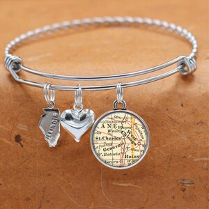 Illinois Karte Armband / West Chicago St Charles IL / Bettelarmband / Vintage Karte Schmuck / Brautjungfer Mütter Tag Geburtstag Hochzeitsgeschenke