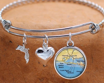 Destin FL / Florida Map Charm Bracelet / Personalized Custom Vintage Map Jewelry / Stainless Steel Bracelet / Gifts For Her