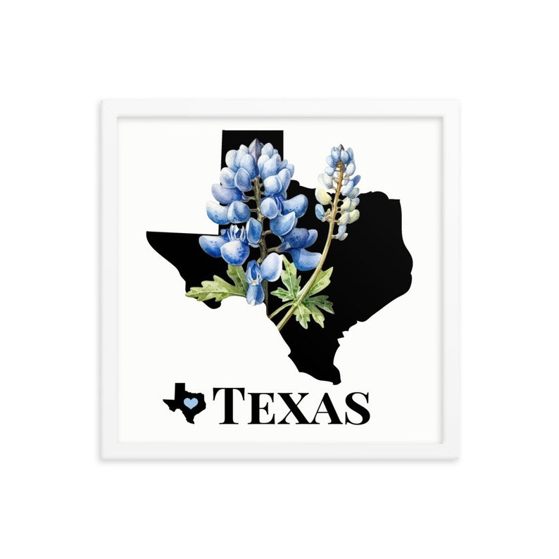 Texas Art Print, State Flower, Bluebonnets, Framed Print, TX Map Gifts, Map Print, Home Decor, Wall Art, Wedding Gifts, Real Estate Gifts