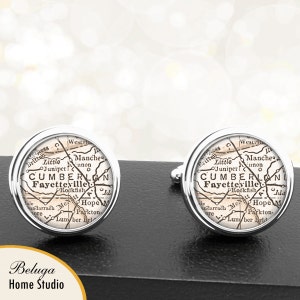 Manchetknopen Fayetteville North Carolina handgemaakte Cuff Links stadstaat kaarten NC Groomsmen bruiloft partij vaders vaders mannen