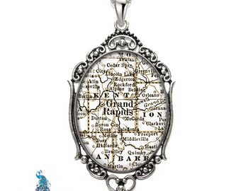 Vintage Map Necklace Oval Filigree Pendant City of Grand Rapids Michigan Antique Map Pendant State of MI Map Jewelry