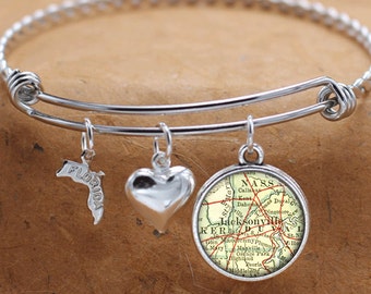 Jacksonville Florida Map FL State Charm Bangle Bracelet Personalized Custom Vintage Map Jewelry Stainless Steel Bracelet