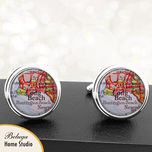 Kaart van manchetknopen Long Beach CA Huntington Beach CA handgemaakte Cuff Links VS stadstaat Maps Californië Groomsmen bruiloft partij vaders vaders mannen