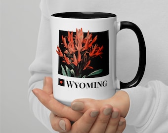 Wyoming Mug, Color Inside, WY State Flower, Indian Paintbrush, Coffee Cup, Drinkware, Art Mug, Map Gift, Personalization Available