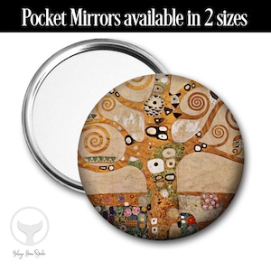 May include: A round pocket mirror with a silver frame and a colorful abstract painting of a tree with swirling patterns on the front. The painting is in shades of yellow, brown, white, green, and red.