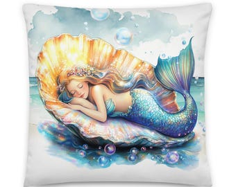 Dornröschen, Meerjungfrau, ruht auf Sea Shell Dekokissen, Sofa, Stuhl Akzent, Home Decor, inklusive Einsatz, nautisch, küstennah