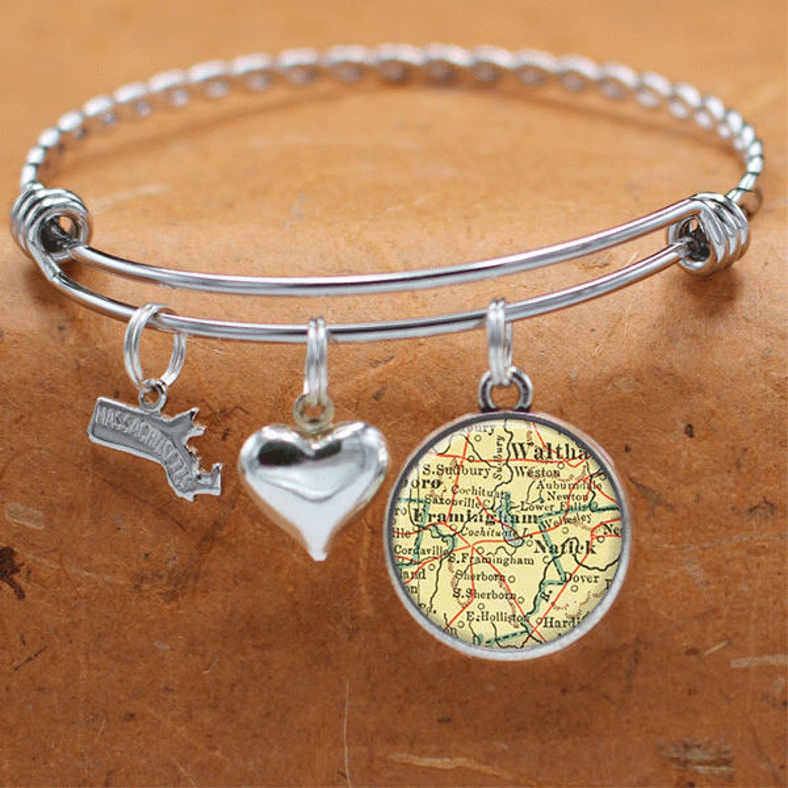 Framingham Natick Massachusetts Map Charm Bracelet State