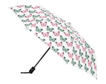 Rain Umbrella / Butterfly Butterflies Pattern in Pink and Green / Anti UV Automatic Premium Umbrella / Outside or Underside Printing