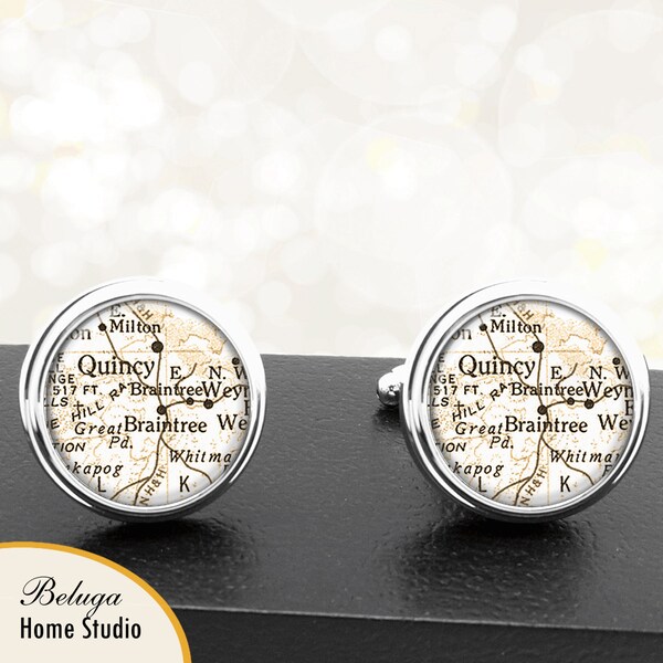 Map Cufflinks Braintree MA Quincy MA Cuff Links State of Massachusetts for Groomsmen Wedding Party Fathers Dads Men