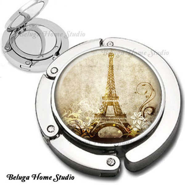 Tour Eiffel tout en distillant de tourbillons en sépia sac à main crochet cintre de sac rouge à lèvres miroir Compact