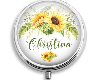 Personalized Pill Box Sunflower Floral Bouquet Mom Pill Case Pill Holder Pill Container Trinket Box PillBox Vitamin Holder Medicine Mint Tin