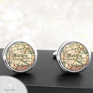 Massachusetts Karte Manschettenknöpfe / Malden MA / Individuelle Manschettenknöpfe Zustand der Masse / Vintage Karte Geschenke / Bräutigam Hochzeit Abschluss Vatertag