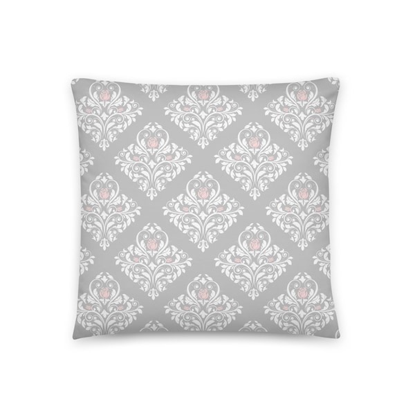 Pink and Gray Damask / Decorative Pillow / Baby Shower Gift / Nursery Decor / Housewarming / Insert Included