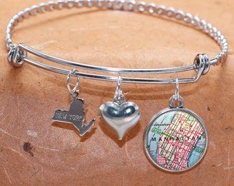 Custom Map Charm Bracelet Manhattan NYC State of NY Bangle Cuff Bracelet Vintage Map Jewelry Stainless Steel Bracelet