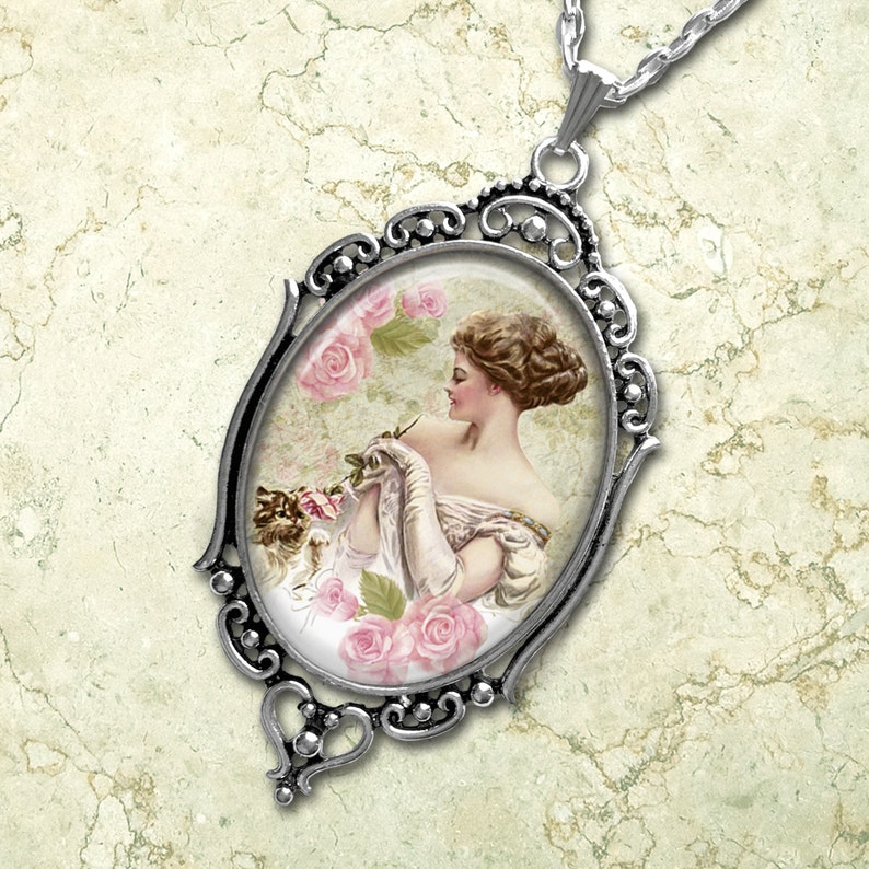 Vintage Woman With Roses and Kitten Harrison Fisher Oval Pendant Necklace Retro Style Filigree Pendant Art Pendant Photo Graphic Pendant image 1