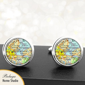 Carte d’Amsterdam de boutons de manchette Cuff Links pour les garçons d’honneur marié fiancé anniversaire mariage soirée fête des pères les papas hommes villes européennes