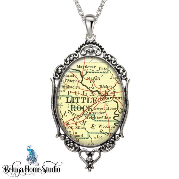 Vintage Map Necklace Oval Filigree Pendant City of Little Rock Arkansas Antique Map Pendant State of AR Map Jewelry