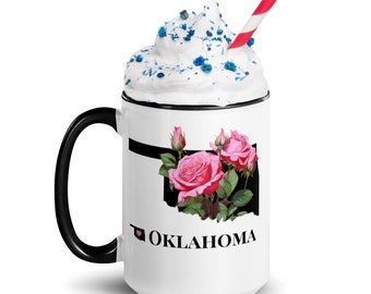 Oklahoma Mug, Color Inside, OK State Flower, Oklahoma Rose, Coffee Cup, Drinkware, Art Mug, Map Gift, Personalization Available