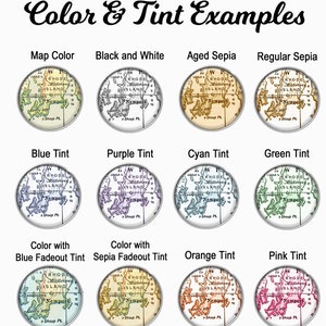 Puede incluir: Una gu&iacute;a visual de las diferentes opciones de color y tono para los mapas. La imagen muestra un mapa de Rhode Island con varios tratamientos de color, incluyendo blanco y negro, sepia, tono azul, tono morado, tono cian, tono verde, tono degradado azul, tono degradado sepia, tono naranja y tono rosa.