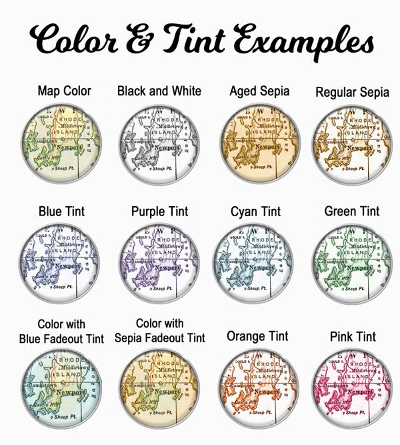 Puede incluir: Una gu&iacute;a visual de las diferentes opciones de color y tono para los mapas. La imagen muestra un mapa de Rhode Island con varios tratamientos de color, incluyendo blanco y negro, sepia, tono azul, tono morado, tono cian, tono verde, tono degradado azul, tono degradado sepia, tono naranja y tono rosa.
