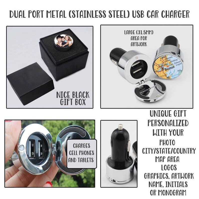Antique World Map Car Charger USB Cell Phone Tablet Charger Dual Port Stainless Steel Cover