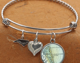 OBX Map Bracelet / Corolla / Currituck/ Outer Banks NC / North Carolina Bracelet / Vintage Map Jewelry / Map Charm Bracelet / Map Gifts