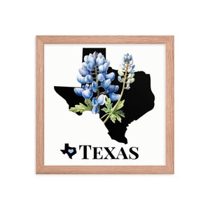 Texas Art Print, State Flower, Bluebonnets, Framed Print, TX Map Gifts, Map Print, Home Decor, Wall Art, Wedding Gifts, Real Estate Gifts