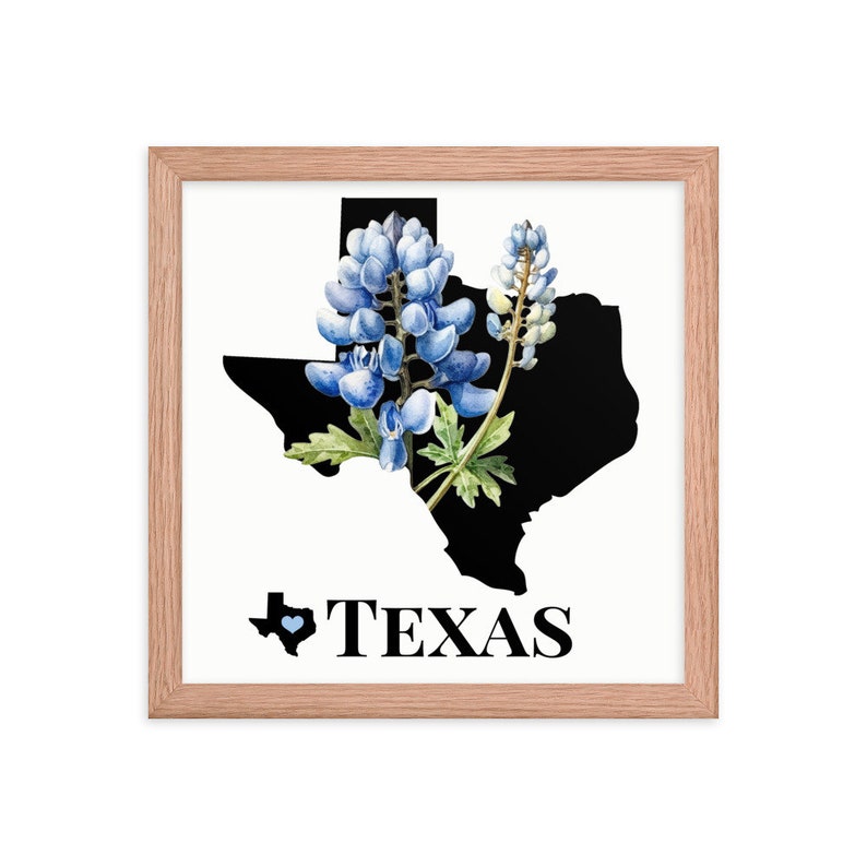 Texas Art Print, State Flower, Bluebonnets, Framed Print, TX Map Gifts, Map Print, Home Decor, Wall Art, Wedding Gifts, Real Estate Gifts