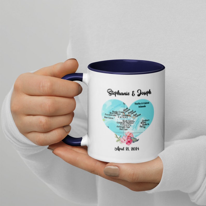 Personalized Map Heart Mug with Color Inside, Tropical Island, Turks and Caicos, Honeymoon Destination, Unique Wedding Gift, Anniversary