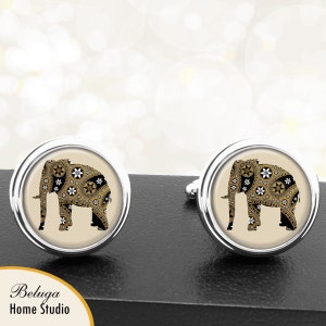 Cufflinks Elephant in Gold Black and White Pattern Handmade Cuff Links