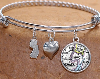 New Jersey Map Bracelet / Kearney NJ / Map Jewelry / Map Charm Bracelet / Bridesmaids Bracelets / Birthdays Graduation Friends Gifts For Her