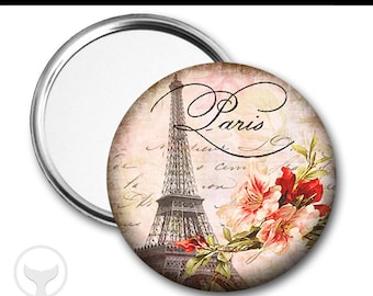 Paris Mirror, Eiffel Tower with Flowers on Vintage Handwriting Background, Holiday Gift, Choose Pocket Mirror, Purse Hook or Compact Mirror