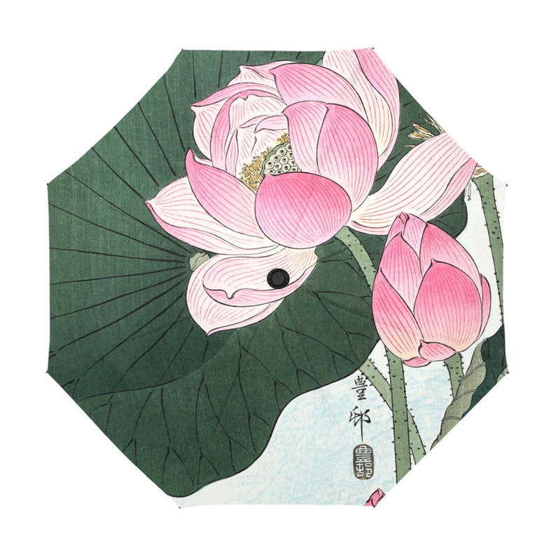 Rain Umbrella / Famous Artists Pink Flowers Ohara Koson / Japanese / Anti UV Automatic Premium Umbrella with Outside or Underside Printing image 1